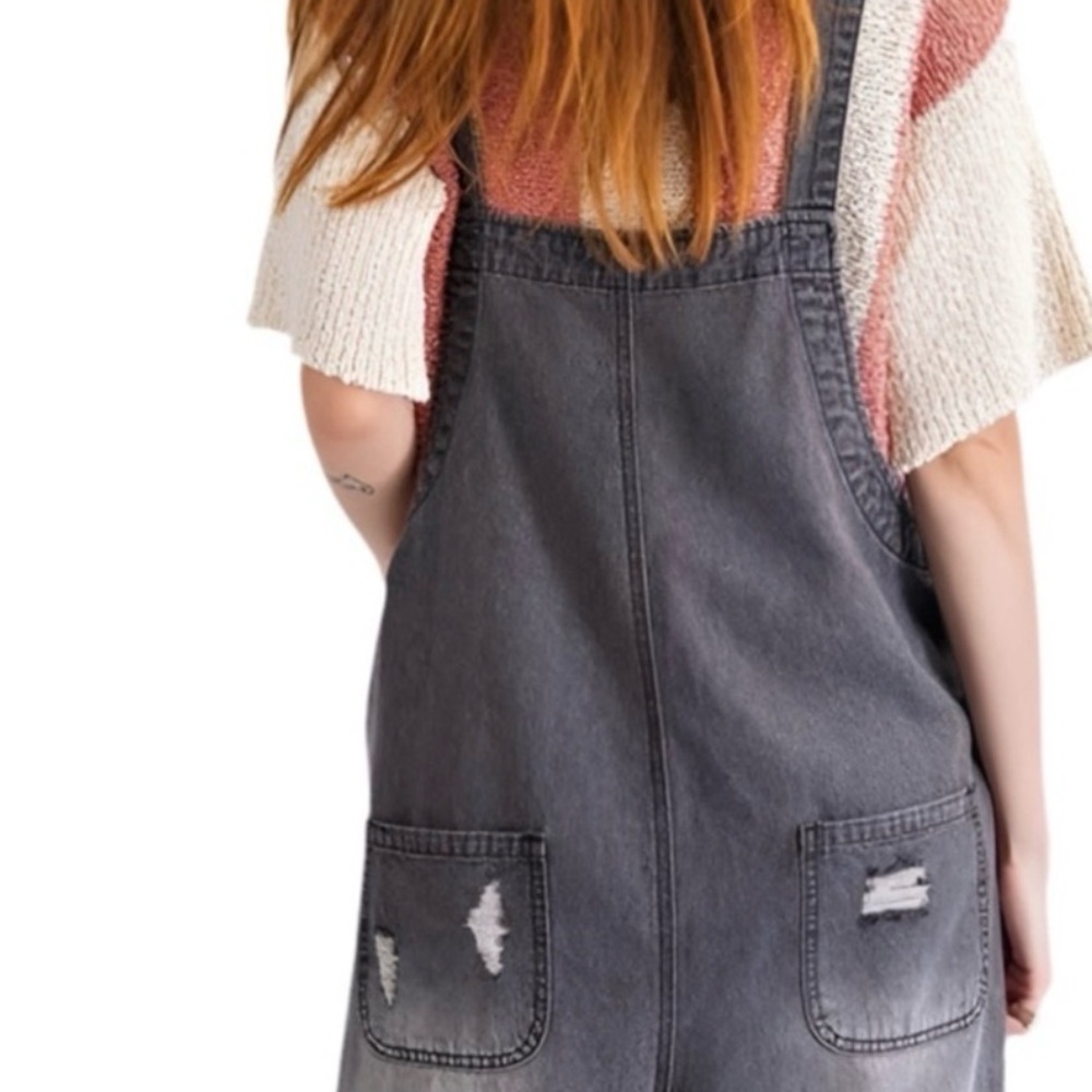 easel Washed Black Distressed Denim Short Overalls - Picture 2 of 6